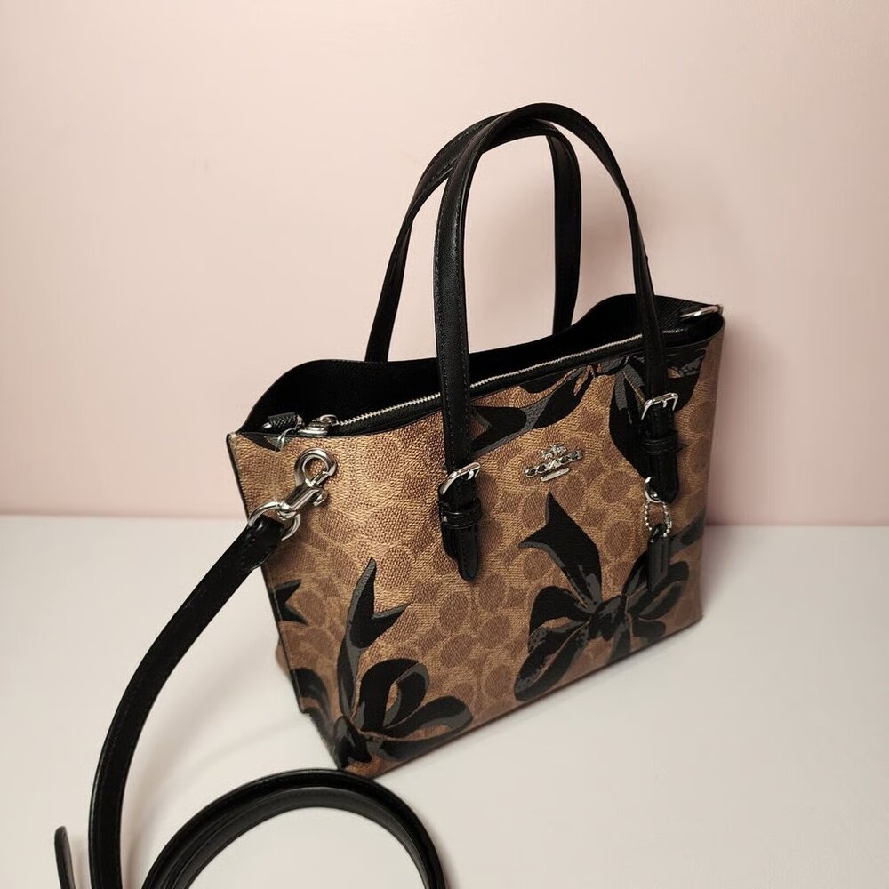 Coach Brown Signature Floral Print Tote with Black Trim - Picture 3 of 7